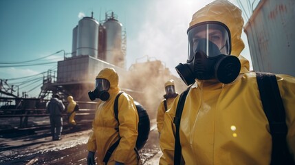 Сlose up people in yellow hazmat safety clothes and masks standing near the nuclear power station in daylight - obrazy, fototapety, plakaty