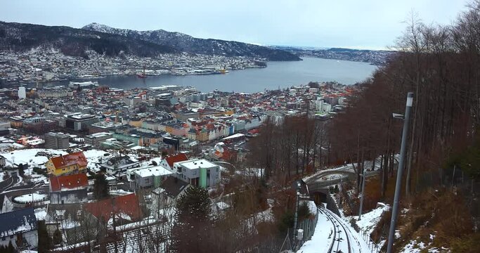 Elevated view of the cityscape of Bergen as seen from the Floibanen train going up the Mount Floyen, Norway