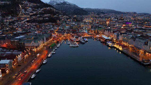 Aerial view of the city center of Bergen, Norway, during winter and christmas dusk time