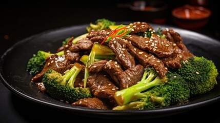  a plate of beef and broccoli with sesame seeds and sesame seeds on top of the broccoli and sesame seeds on top of the broccoli. - obrazy, fototapety, plakaty