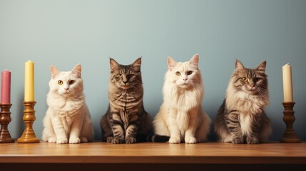  a group of cats sitting next to each other on top of a wooden table next to a lit candelabra with a lit candle in front of them. - obrazy, fototapety, plakaty