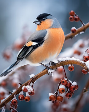 Full-length portrait cute bullfinch bird with red chest in snowy forest on snow-covered rowan branch