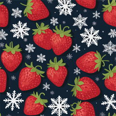 Vector christmas pattern 
with berries of strawberries and snowflakes
 on a blue background. 2024 New Year's fashion
ornament for fabric, paper, textiles, notepad,
clothing, card, packaging.