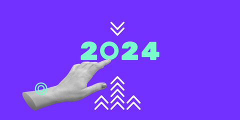 2024 concept. Hand chooses 2024. Minimalistic art collage for the design of presentations, annual...