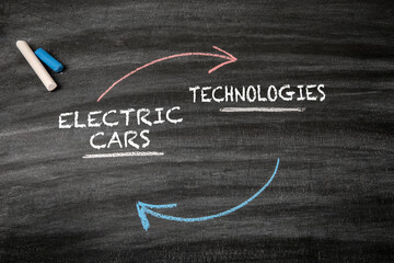 Electric Cars and Technologies. Black scratched textured chalkboard background