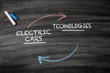 Foto op Canvas Electric Cars and Technologies. Black scratched textured chalkboard background © STOATPHOTO