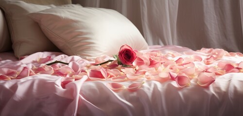 Soft, diffused light enhancing the beauty of a bed adorned with delicately placed rose petals.