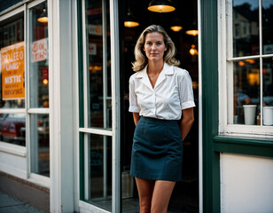photo of beautiful woman as a waitress standing in retro dining restaurant, generative AI