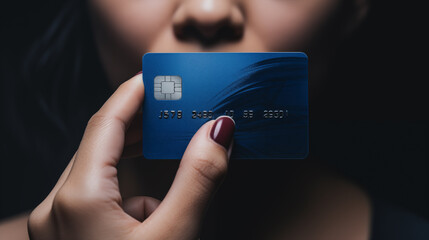Close-up of woman holding bank credit or debit card in front of her lips, extorsion concept, keeping mouth shut, - obrazy, fototapety, plakaty