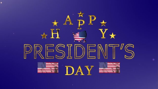 Happy Presidents Day golden text animation with american flags and usa map. Great for President's Day celebrations.
