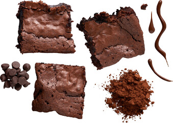 isolated elements for brownies with chocolate and cocoa powder