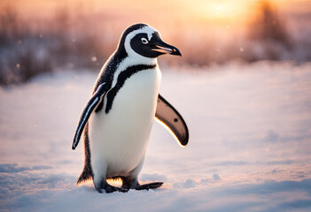 Obraz premium Beautiful penguins in polar and arctic region with snowy mountains in the background