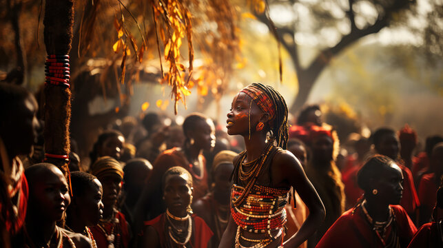 : Generative AI image of a young African woman adorned with vibrant red and orange beads, and her skin is painted with traditional markings amidst a tribal ceremony in forest
