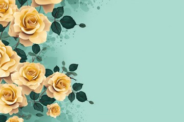 Aqua Roses Flower Border Over a Mustard Background With Copy Space. Copy space.