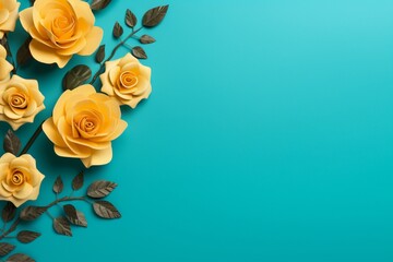 Aqua Roses Flower Border Over a Mustard Background With Copy Space. Copy space.