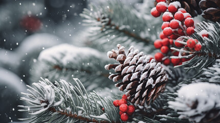 A frame made of evergreen branches with pinecones and red berries, overlayed with a light snow dusting effect