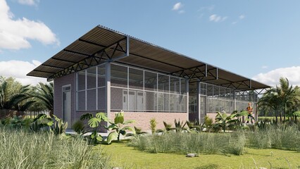 Solid waste warehouse building, architecture based on metal and exposed composite brick, architecture in the jungle
