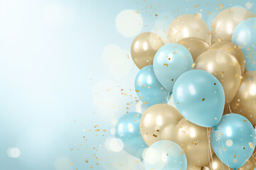 Festive background with flying golden and light blue balloons