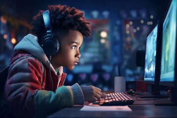 Fototapeta premium A young black boy in front of the computer gaming