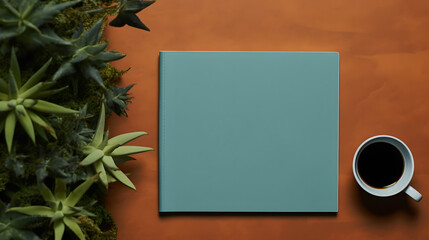 Workspace Concept with Notebook, Coffee Cup, and Succulents on Orange Background