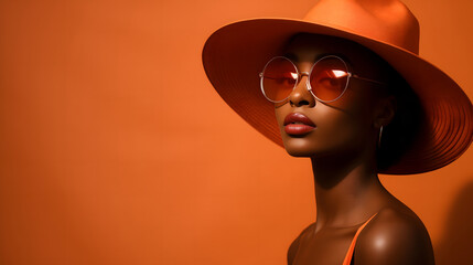 Stylish Black Woman in Orange Hat and Sunglasses with Monochrome Background