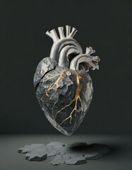 Steinernes anatomisches Herz / Menschliches Herz aus Stein Risse mit Gold gefüllt. Steinherz. Versteinertes Herz. Kintsugi Kunst. Solo vor dunklem Hintergrund. Illustration