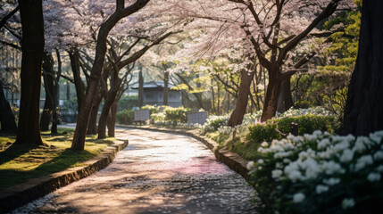 Fototapeta na wymiar cherry blossoms in full bloom in a park , Japan