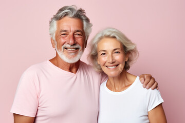 Stock photography portrait of an old couple smiling candidly, wearing a plain white t-shirt, isolated on a plain light pink colored background