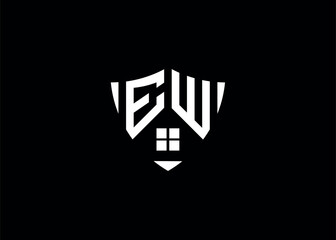Real estate letter EW shield shape logo and house building vector template