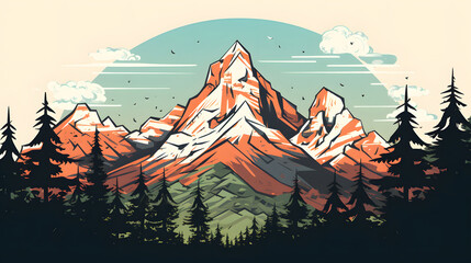Stylized Vector Illustration of Mountain Peak and Forest at Sunrise
