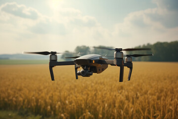 A commercial drone flying over a field 