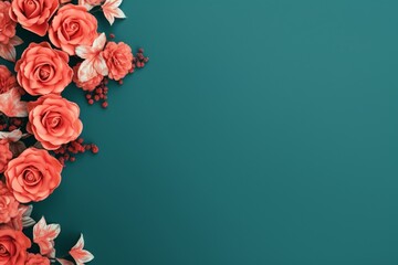 Coral Roses Flower Border Over a Teal Background With Copy Space. Copy space.