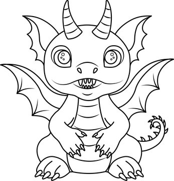 A coloring book with a cute dragon for kids, an illustration of a coloring book with a cartoon vector dragon, a hand-drawn outline of a fantastic dragon for a coloring book. Creativity for children.
