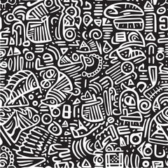 Ethnic geometric pattern, hand-drawn, black and white, abstraction of shapes, seamless. Vector art illustration design.
