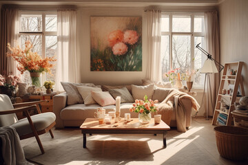 Eclectic Haven: Sunlit Serenity in a Cozy Art Studio with Plush Sofas, Earth-Toned Cushions, and Floral Accents. 