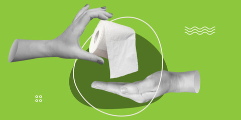 Hygiene. Fast delivery concept. A hand passes a roll of toilet paper to the other hand. Minimalist...