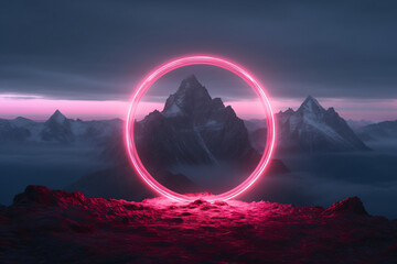 A neon pink ring glowing in a dark mountain landscape, abstract art combining technology and nature