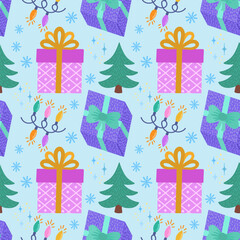 Seamless vector pattern for Christmas with gift boxes and Christmas trees. Hand-drawn design. Cartoon illustration. A festive pattern for packaging or textiles. Stock illustration