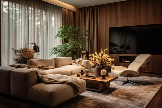 Mid-Century Modern Cinémathèque: Sunlit Relaxation in a Cozy Home Theater with Plush Sofas, Earth-Toned Cushions, and Floral Elegance. 
