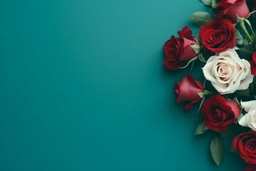 Maroon Roses Flower Border Over a Teal Background With Copy Space. Copy space.