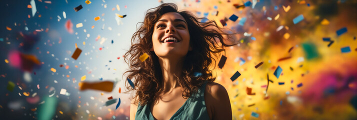 Woman with her hair blowing in the wind and confetti falling around her.