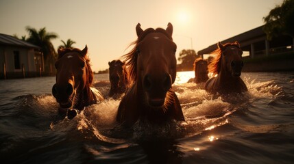 Wild horses running from the flood that attacked the village - obrazy, fototapety, plakaty