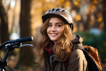 Woman with helmet on is smiling for the camera while standing next to bike.