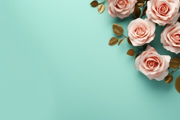 Mint Roses Flower Border Over a Teal Background With Copy Space. Copy space.