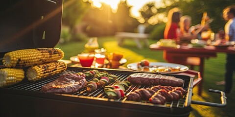 A summery barbecue scene with burgers, hot dogs, and grilled corn on the cob - Casual and outdoor vibes - Golden hour sunlight for a warm glow - Candid shot, showcasing the laid-back atmosphere of 