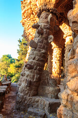 Columns designed by Antoni Gaudi in park Guell in Barcelona, Spain