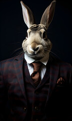 Portrait of rabbit dressed in an elegant patterned suit with tie, confident and classy high Fashion portrait of an anthropomorphic animal, posing with a charismatic human attitude