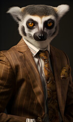 Portrait of lemur dressed in an elegant patterned suit with tie, confident and classy high Fashion portrait of an anthropomorphic animal, posing with a charismatic human attitude