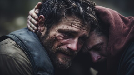 A man's face expressing empathy as he comforts a friend in need with Cinematic color tones.
