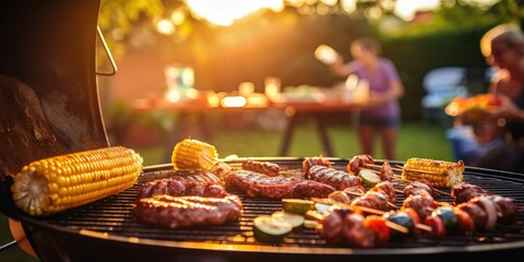 A backyard barbecue with a variety of grilled meats, corn on the cob, and barbecue sauce - Smoky and festive - Sunset lighting for a summer BBQ vibe - Candid shot, capturing the dynamic 